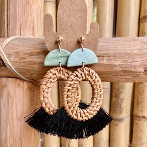 Handmade Pearl Green Rattan Earrings
